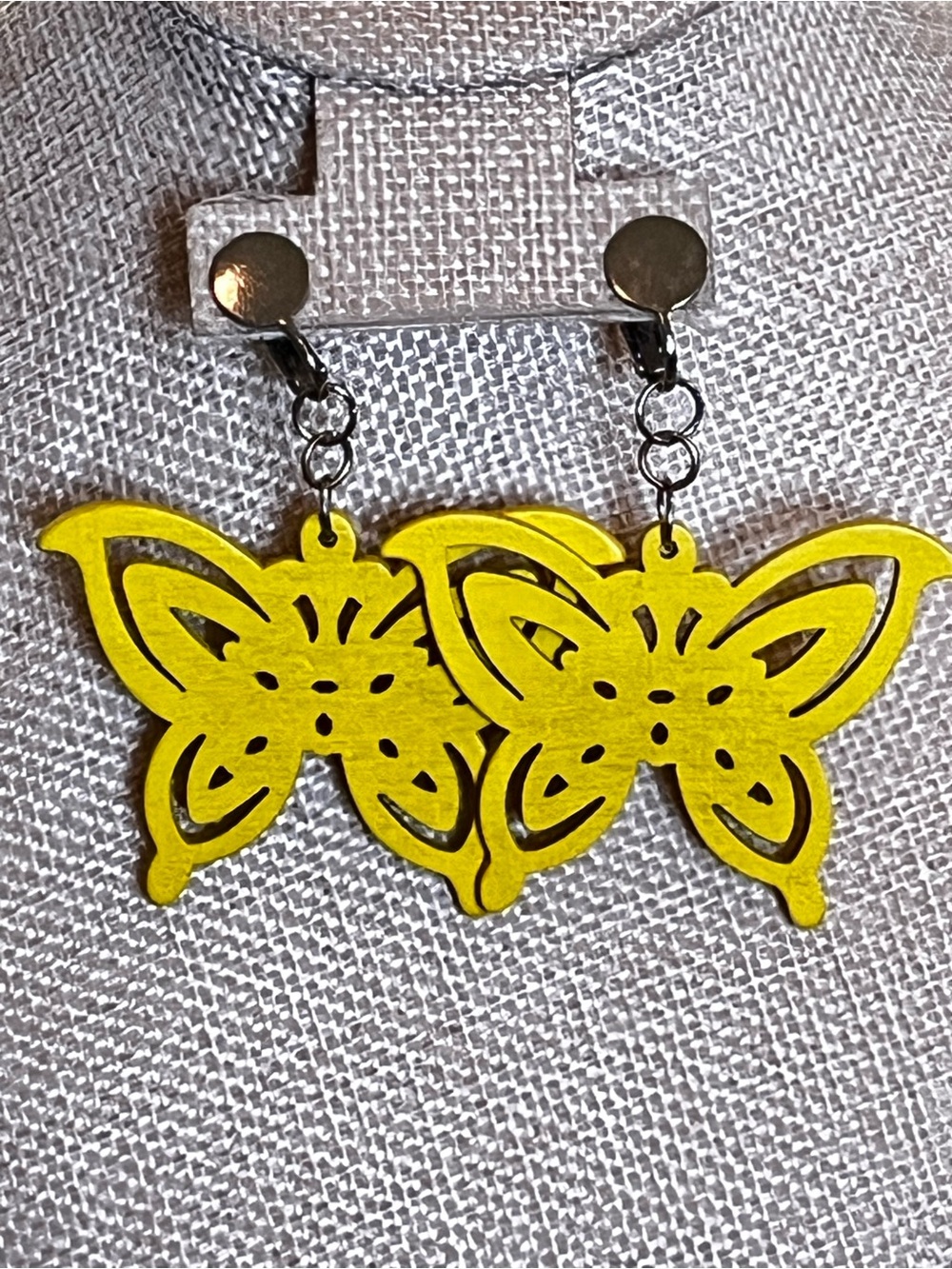 Bright Yellow Wood Butterfly Clip On Dangle Earrings